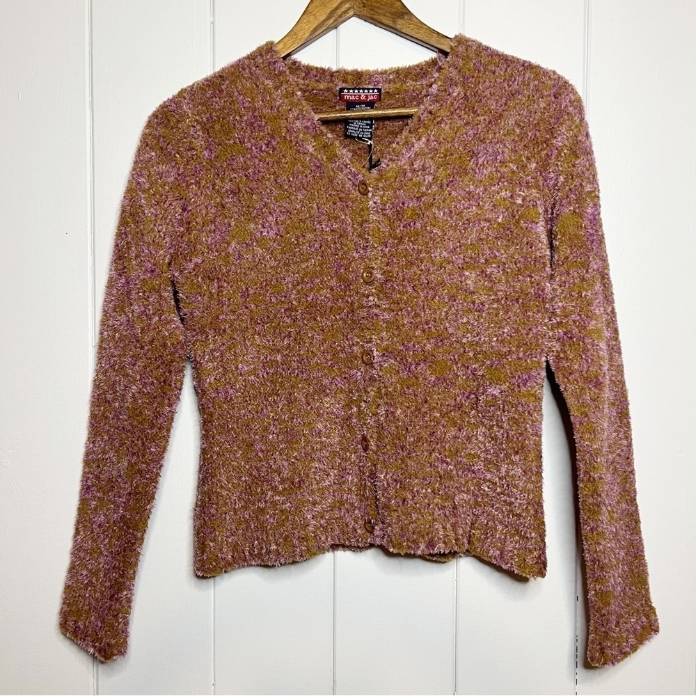 Mac & Jac Fuzzy 90's Mauve and Chartreuse Style Cardigan. Size Medium. NWT.